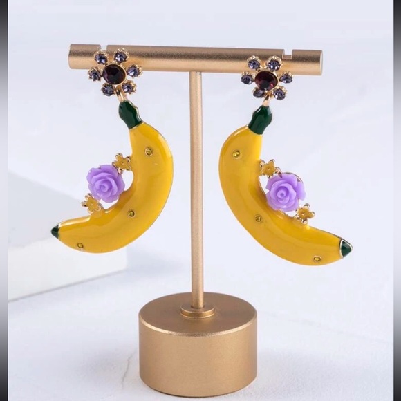 🍌 Awesome Colorful Rhinestone Floral Flower Large Banana Fruit Stud Earrings 🍌 - Picture 4 of 4